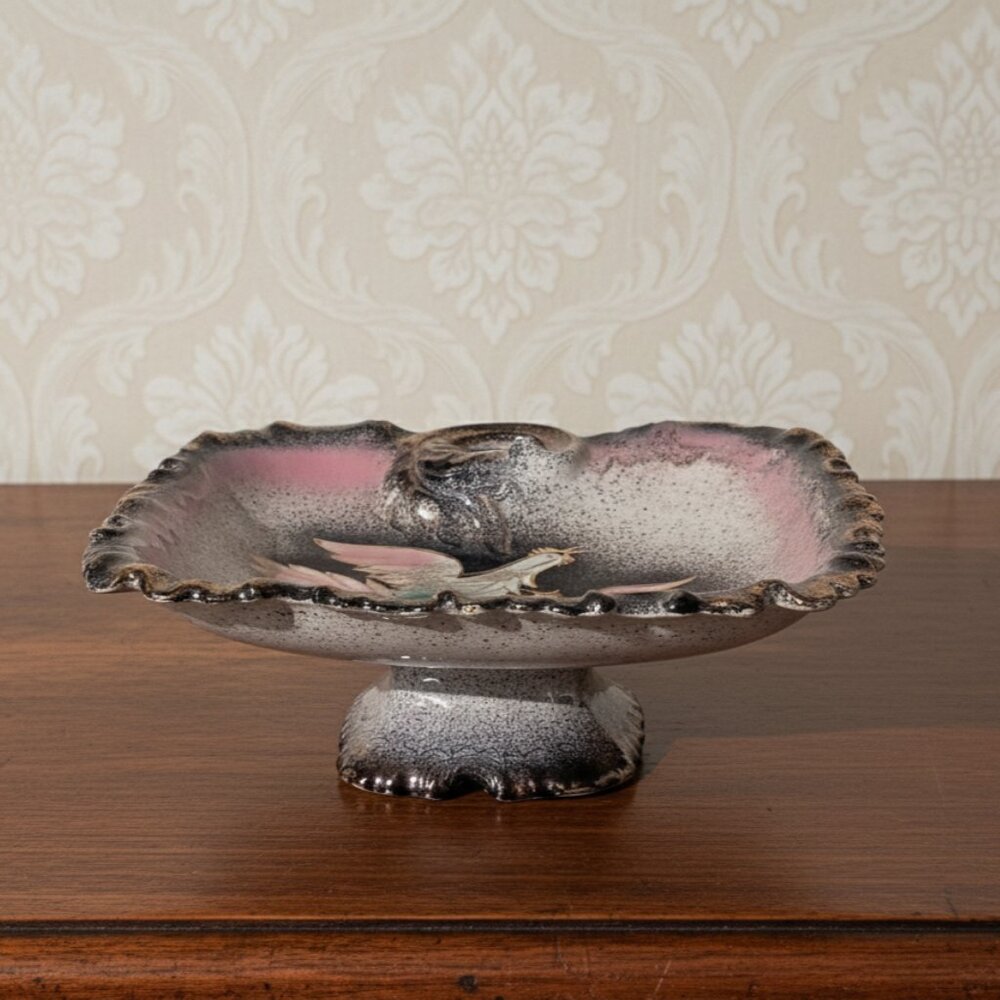 Vintage Mid Century Ceramic Bird Pedestal Dish Pink Splatter Gold Trim Regency